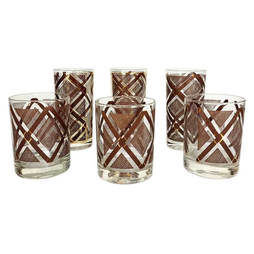 VTG Georges Briard MCM Brown Gold Plaid 3 Hi-Ball 3 Lo-Ball Glasses Set of Six